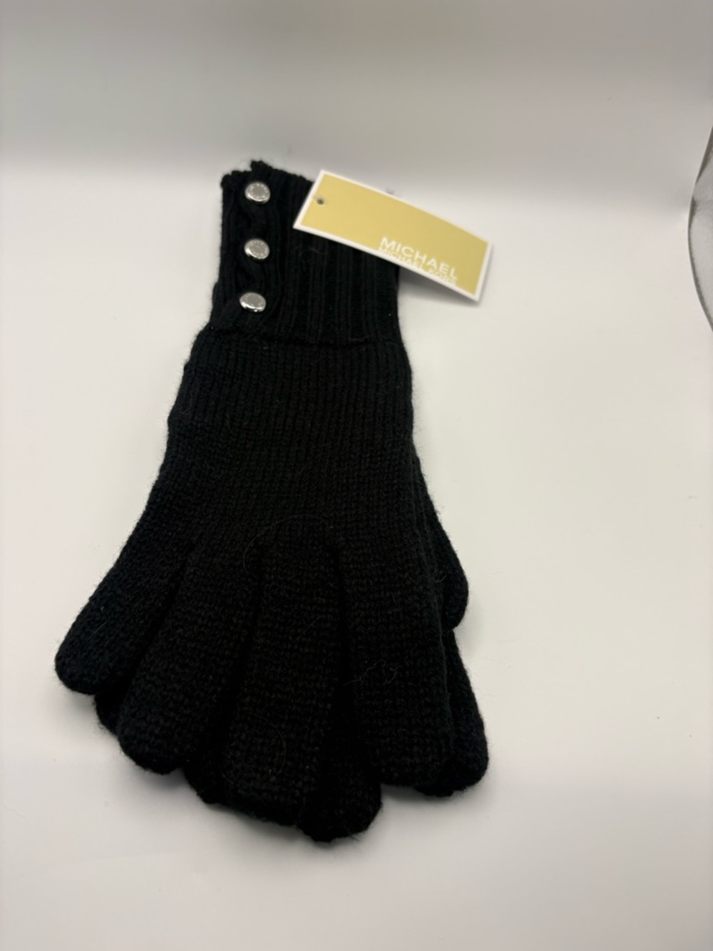 MICHAEL Michael Kors Black Knit Button-Cuff Gloves with Silver Snaps